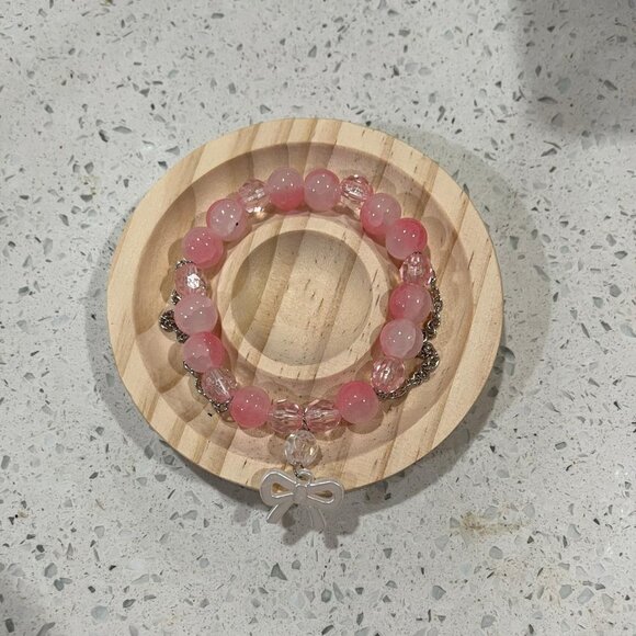 Pink Beaded Bracelet with Silver Bow Charm - Picture 3 of 3